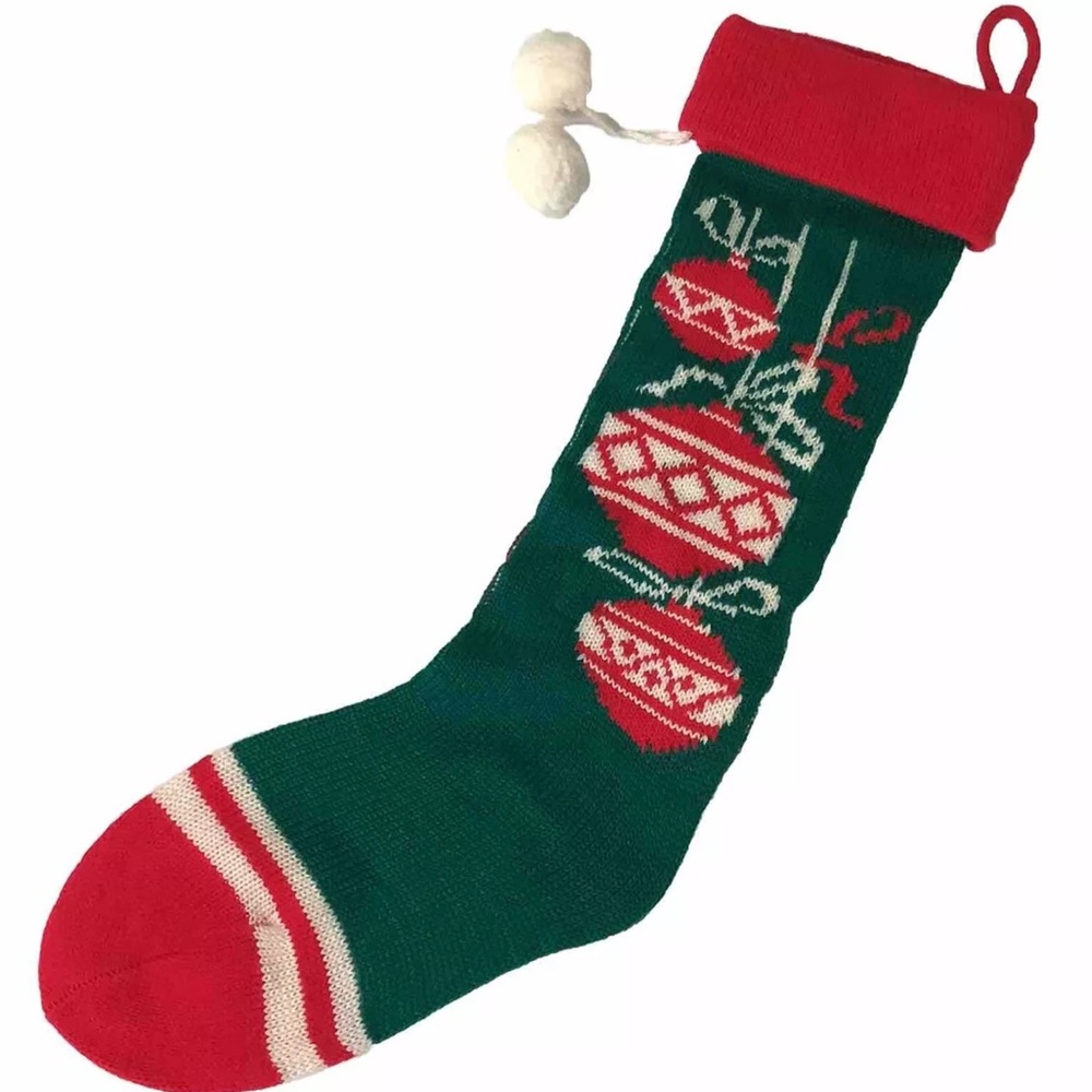 Vintage Acrylic Knit Christmas Stocking Ornament Design Pom Pons R.O.C. Taiwan